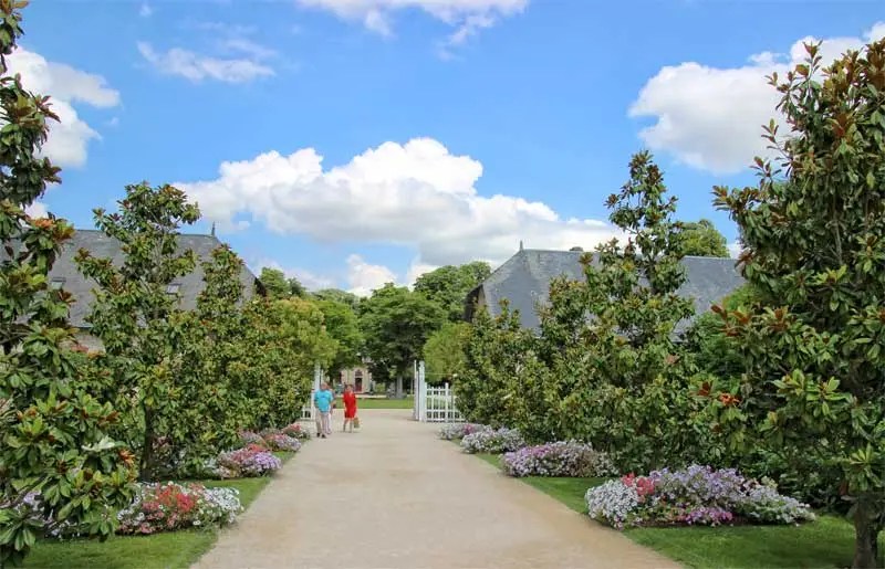 Largo camino de grava conduce a los jardines del castillo de Chaumont, Valle del Loira, Francia